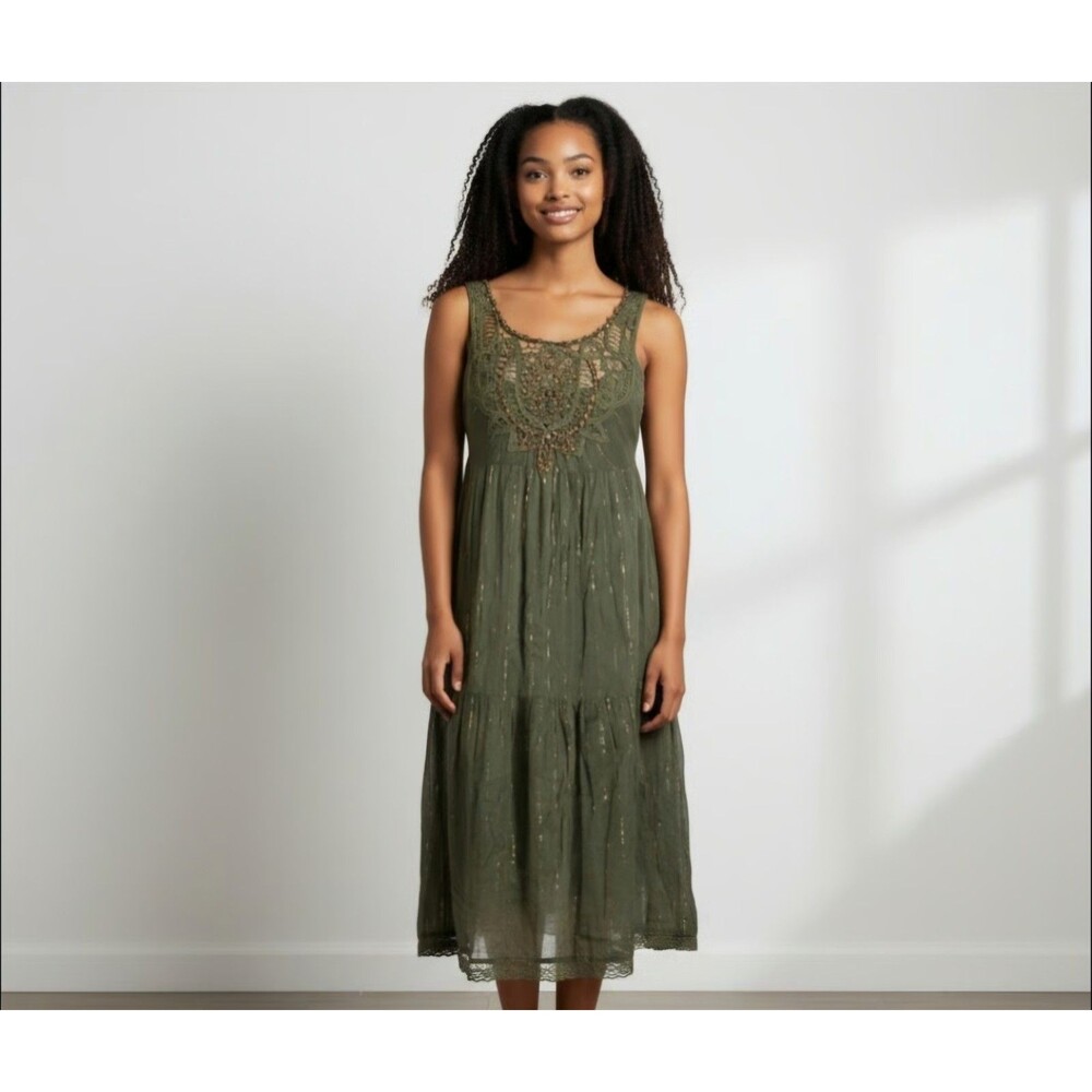 Free People Tiered Midi Dress Womens Size 6 Olive Green Beaded Boho Crochet